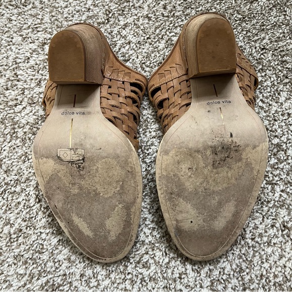 DOLCE VITA Camel Brown Almond Toe Block Heel Slip On Leather Mules Size 8.5 - Picture 3 of 8